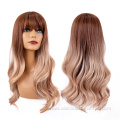 Brown Ash Long Wavy Synthetic Wig With Bangs